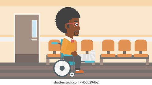 An african-american man with broken leg in plaster sitting in wheelchair in the hospital corridor. Vector flat design illustration. Horizontal layout.