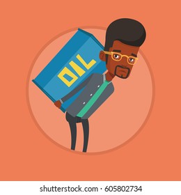 African-american man carrying an oil barrel on back. Sad man walking with oil barrel on back. Upset man holding heavy oil barrel. Vector flat design illustration in the circle isolated on background.