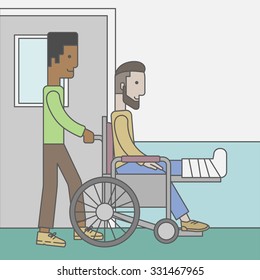 An african-american man carrying a patient with broken leg in the wheelchair. Vector line design illustration. Square layout.