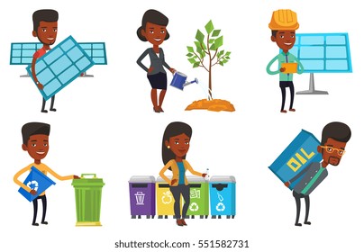 African-american man carrying recycling bin. Young woman throwing away plastic bottle in recycling bin. Waste recycling concept. Set of vector flat design illustrations isolated on white background.