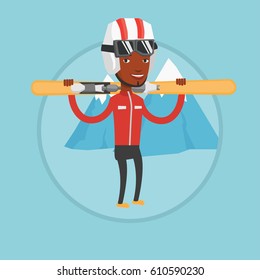 African-american man carrying skis. Sportsman standing with skis on his shoulders on the background of mountain. Young man skiing. Vector flat design illustration in the circle isolated on background
