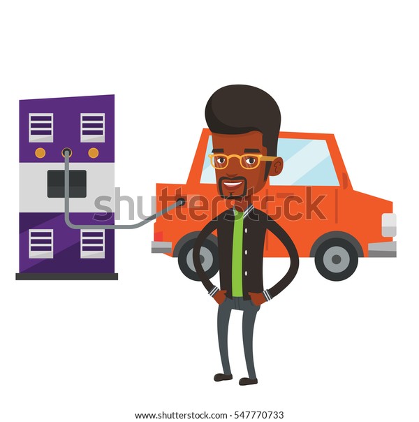 African-american man charging electric car at
charging station. Man standing near power supply for electric car.
Charging of electric car. Vector flat design illustration isolated
on white
background.