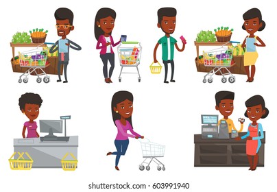 African-american man checking shopping list. Man holding shopping list near trolley with products. Man writing in shopping list. Set of vector flat design illustrations isolated on white background.