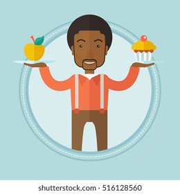 An african-american man choosing between apple and cupcake. Young happy man choosing between healthy and unhealthy nutrition. Vector flat design illustration in the circle isolated on background.