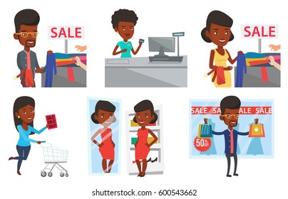 African-american man choosing clothes in shop on sale. Man buying clothes at store on sale. Man shopping in clothes shop on sale. Set of vector flat design illustrations isolated on white background.