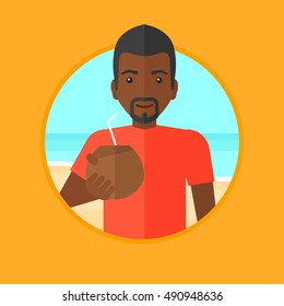 African-american man with a coconut cocktail on the beach. Young man drinking a cocktail on the beach. Man enjoying his vacation. Vector flat design illustration in the circle isolated on background.