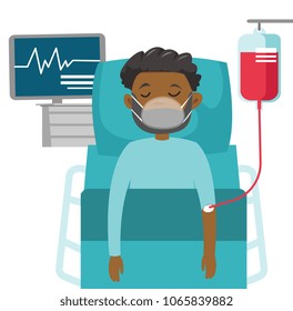 African-american Man In Coma Lying In Bed With A Heart Rate Monitor In The Hospital. Patient During Blood Transfusion Procedure. Health Care Concept. Vector Cartoon Illustration. Horizontal Layout.