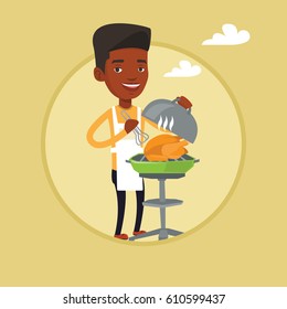 African-american man cooking chicken on barbecue grill outdoor. Man having barbecue party. Man preparing chicken on barbecue grill. Vector flat design illustration in the circle isolated on background