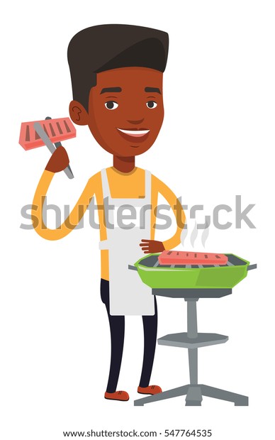 Africanamerican Man Cooking Steak On Barbecue Stock Vector Royalty Free