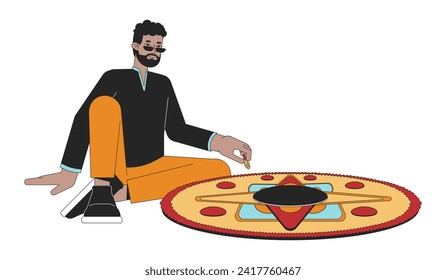 African-american man creating muggu 2D linear cartoon character. Black male adult isolated line vector person white background. Hindu festival of lights Deepawali color flat spot illustration