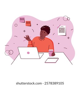 African-American man with curly hair drinks coffee, holds a pen and communicates on a computer, notes on the wall, a flat illustration, business situation