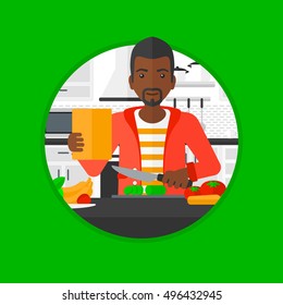 An african-american man cutting vegetables for salad. Man following recipe for salad on tablet. Man cooking salad in the kitchen. Vector flat design illustration in the circle isolated on background.