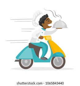 African-american man delivering dish on a scooter. Worker of delivery service driving a motorbike and delivering dish. Food delivery concept. Vector cartoon illustration isolated on white background.