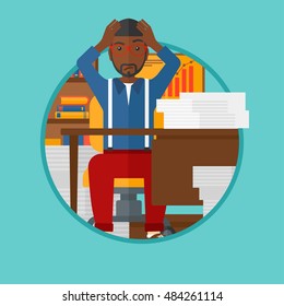 An african-american man in despair sitting at workplace and clutching his head. Businessman sitting in front of heap of papers. Vector flat design illustration in the circle isolated on background.