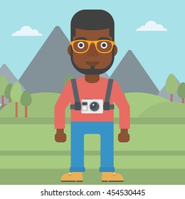 An african-american man with a digital camera on his chest. Tourist with a digital camera standing on the background of mountains. Vector flat design illustration. Square layout.
