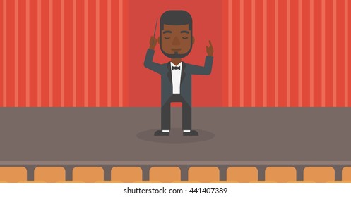 An african-american man directing with his baton on the stage vector flat design illustration. Horizontal layout.