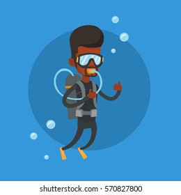 African-american man diving with scuba and showing thumb up. Young man in diving suit snorkeling and giving thumb up. Man enjoying the dive. Vector flat design illustration. Square layout.