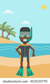 An african-american man in diving suit, flippers, mask and tube standing on the beach. Male scuba diver on the beach. Man enjoying snorkeling. Vector flat design illustration. Vertical layout.