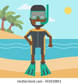 An african-american man in diving suit, flippers, mask and tube standing on the beach. Male scuba diver on the beach. Man enjoying snorkeling. Vector flat design illustration. Square layout.
