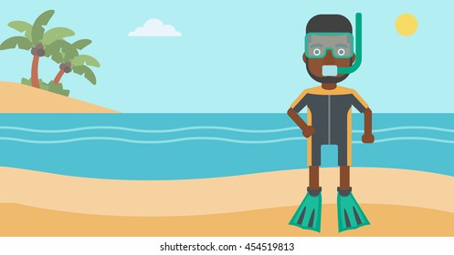 An african-american man in diving suit, flippers, mask and tube standing on the beach. Male scuba diver on the beach. Man enjoying snorkeling. Vector flat design illustration. Horizontal layout.
