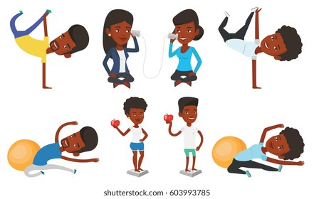 African-american man doing stretching exercises in the gym. Young man doing stretching. Sportsman stretching before training. Set of vector flat design illustrations isolated on white background.