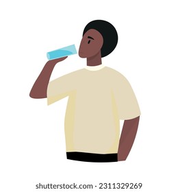 African-American man drinking water on white background