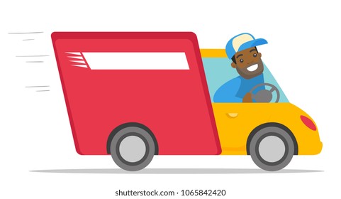 African-american Man Driving A Delivery Truck. Happy Courier Looking Through A Truck Window. Delivery Cargo Service Concept. Vector Cartoon Illustration Isolated On White Background. Horizontal Layout