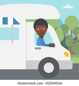 An african-american man driving a motor home in the forest. Man travelling by camper van. Vector flat design illustration. Square layout.