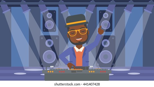 An african-american man in eadphones with hand up playing music on turntable on the background of night club vector flat design illustration. Horizontal layout.