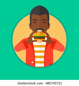 An african-american man eating hamburger. Man with eyes closed biting hamburger. Man is about to eat delicious hamburger. Vector flat design illustration in the circle isolated on background.