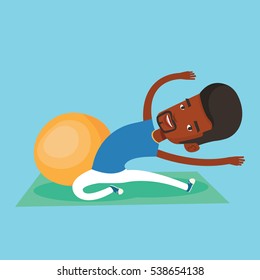 African-american man exercising in the gym. Man doing stretching on exercise mat. Sportsman stretching before training. Man doing stretching exercises. Vector flat design illustration. Square layout.