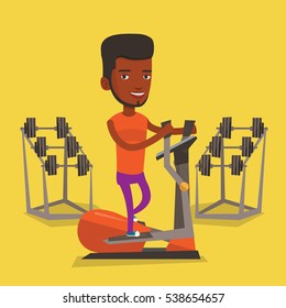 An african-american man exercising on elliptical trainer. Man working out using elliptical trainer at the gym. Man doing exercises on elliptical trainer. Vector flat design illustration. Square layout