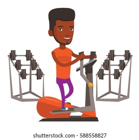 African-american man exercising on elliptical trainer. Man working out using elliptical trainer. Man doing exercises on elliptical trainer. Vector flat design illustration isolated on white background