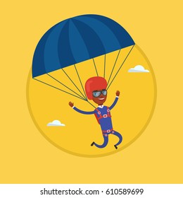 African-american man flying with a parachute. Man paragliding on a parachute. Professional parachutist descending with parachute. Vector flat design illustration in the circle isolated on background.