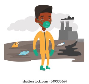 An african-american man in gas mask and radiation protective suit standing on the background of nuclear power plant. Vector flat design illustration isolated on white background.