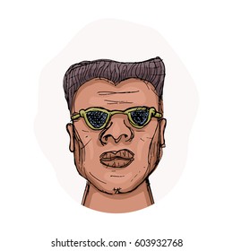 African-American man in glasses with a harsh face expression. Cartoon vector avatar. Vector hand-drawn illustration of man