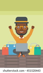 An african-american man with hands up using laptop for shopping online. Customer sitting with shopping bags around him. Man doing online shopping. Vector flat design illustration. Vertical layout.