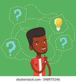 An african-american man having business idea. Businessman standing with question marks and idea light bulb above his head. Business idea concept. Vector flat design illustration. Square layout.