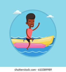 African-american man having fun on banana boat in sea. Tourists riding a banana boat and waving hand. Man enjoying summer vacation. Vector flat design illustration in the circle isolated on background