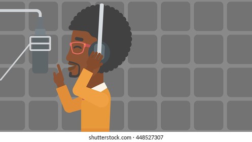 An african-american man in headphones making a record of his voice in studio vector flat design illustration. Horizontal layout.
