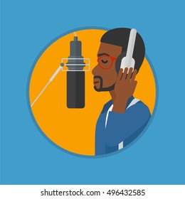 African-american man in headphones singing in recording studio. Singer making a record of his voice. Young singer recording a song. Vector flat design illustration in the circle isolated on background