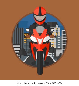 An African-american Man In Helmet Riding A Motorcycle On The Background Of Night City. Man Driving A Motorbike On A City Road. Vector Flat Design Illustration In The Circle Isolated On Background.