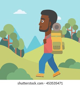 An african-american man hiking in mountains. Traveler with backpack mountaineering. Hiking man with backpack walking outdoor. Vector flat design illustration. Square layout.