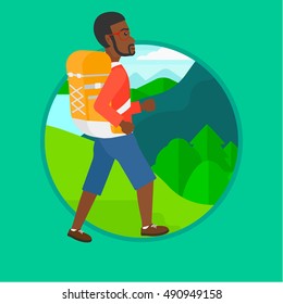 An african-american man hiking in mountains. Traveler with backpack mountaineering. Hiking man with backpack walking outdoor. Vector flat design illustration in the circle isolated on background.
