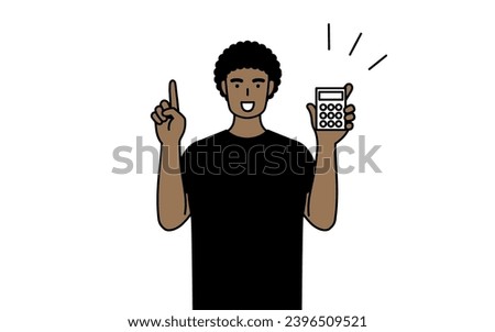 African-American man holding a calculator and pointing, Vector Illustration