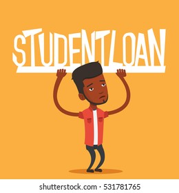 An african-american man holding a heavy sign of student loan. Tired man carrying heavy sign - student loan. Concept of the high cost of student loan. Vector flat design illustration. Square layout.