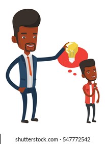 African-american man holding idea bulb over head of his collegue. Cheerful businessman giving idea to his partner. Business idea concept. Vector flat design illustration isolated on white background.