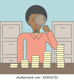 A african-american man holding magnifier and looking at stacks of golden coins. Vector line design illustration. Square layout.