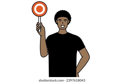 African-American man holding a maru placard that shows the correct answer, Vector Illustration