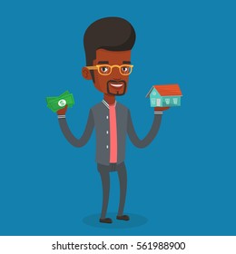 African-american man holding money and model of house. Happy man having loan for house. Man got loan for buying a new house. Real estate loan concept. Vector flat design illustration. Square layout.